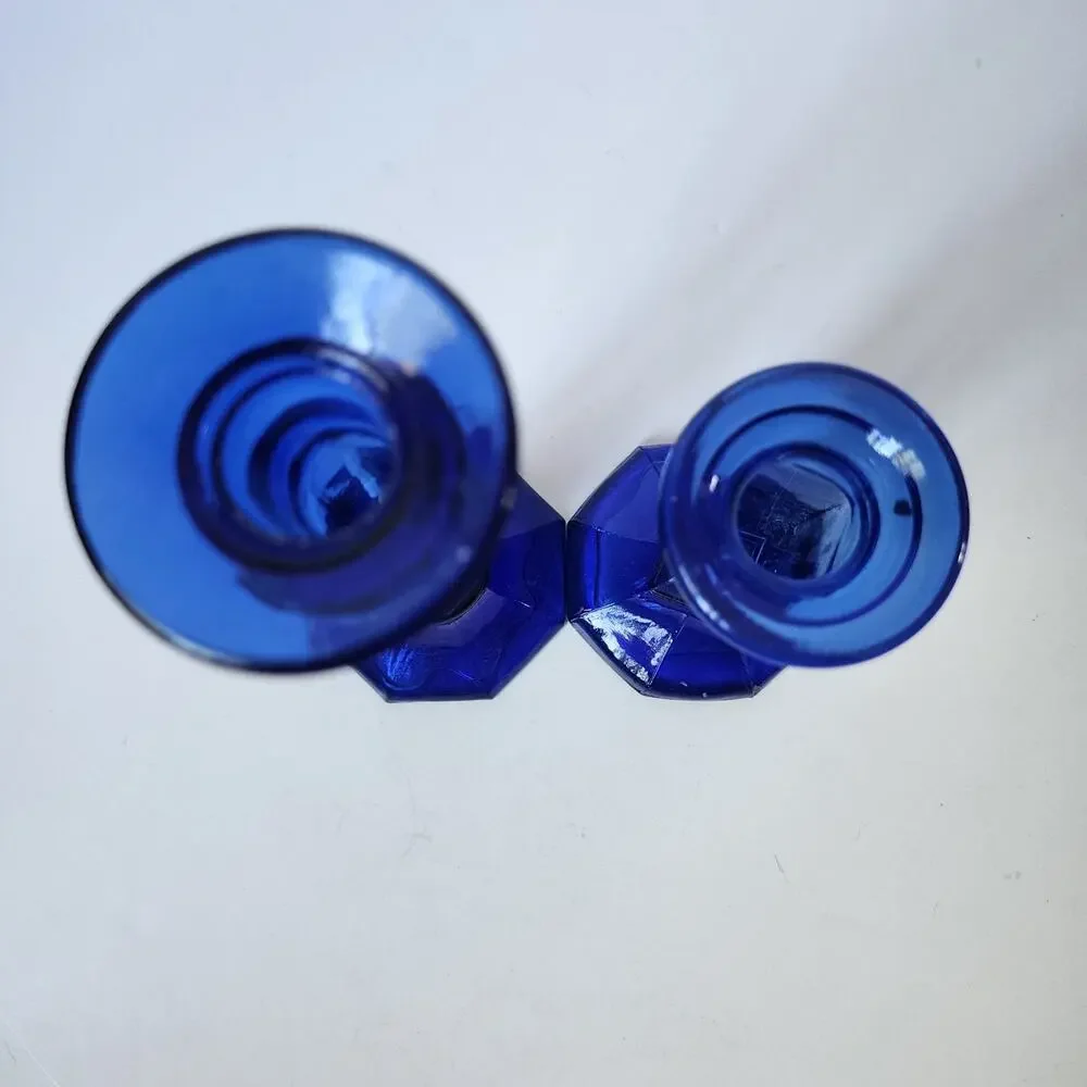 Vintage Candle Holder Glass Cobalt Blue Recycled Glass Candlestick Set Of 2